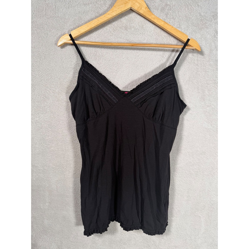 Personal Identity Black Ruffle Trim Camisole V-Neck with Shelf Bra Large Y2K